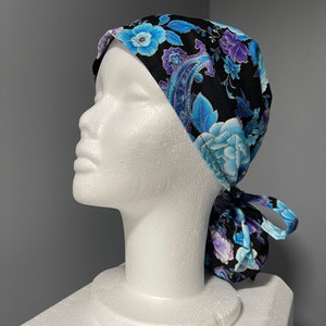 Blue floral Ponytail Scrub Cap, Surgical scrub cap for woman&#39;s. Ponytail scrub hat for woman