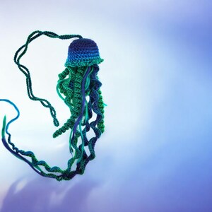 May include: A crocheted jellyfish with a blue and green ombre bell and long, flowing tentacles.