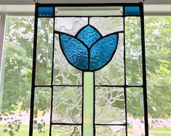 Stained Glass Window Panel - Teal Tulip