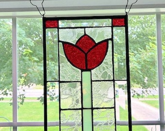 Stained Glass Window Panel - Red Tulip