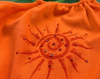 Bright Orange Sun Design Hand Ink Print Crop Halter Top with Genuine Swarovski Crystals