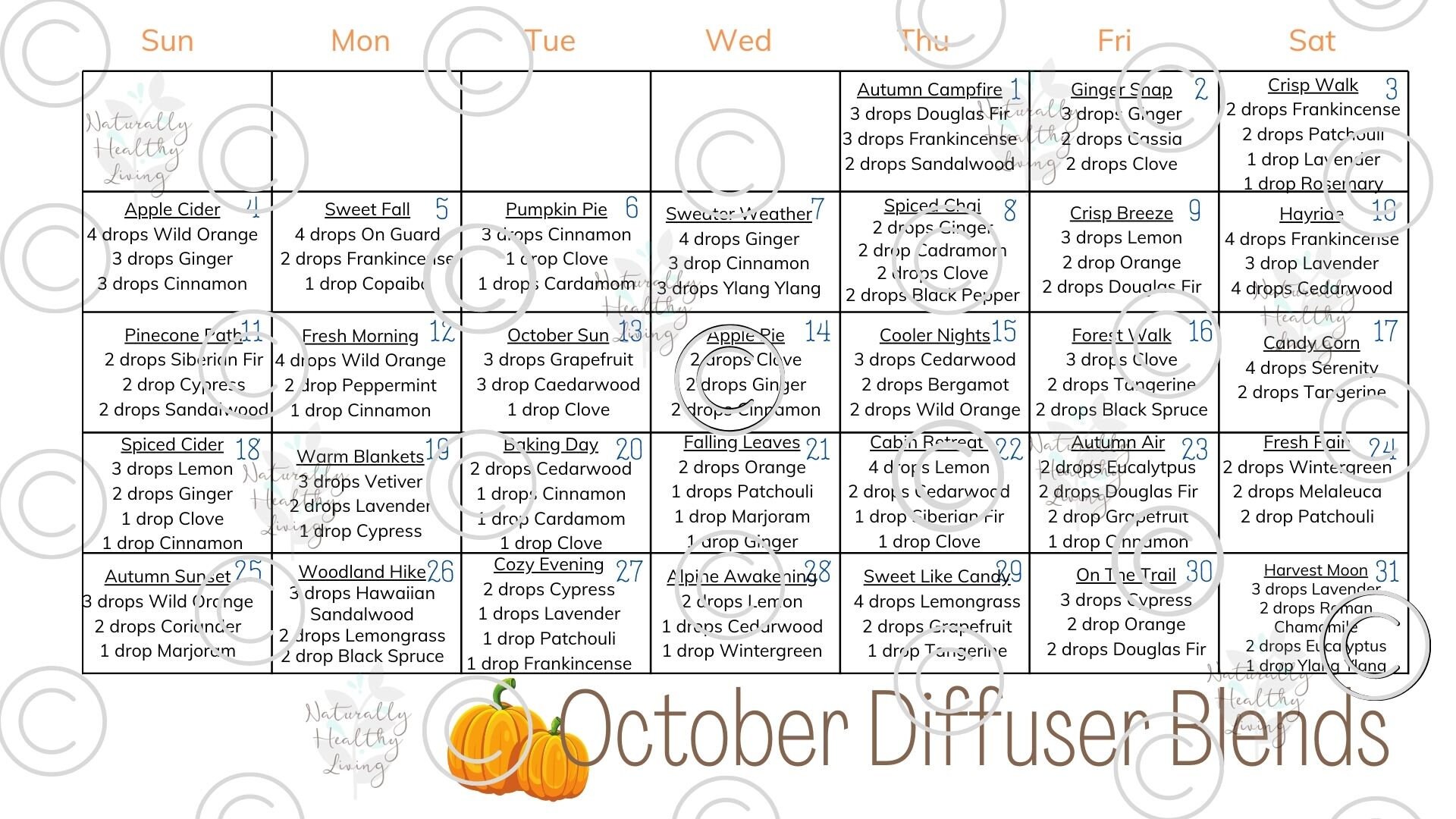 Diffuser Blend Calendar October 2020 Printable | Etsy