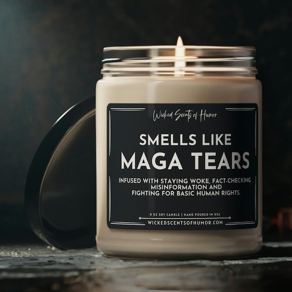 Smells Like MAGA Tears Bougie de soja, Bougie politique drôle, Bougie coulée à la main entièrement naturelle de 9 oz, Cadeau politique unique