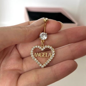 Piercing para ombligo con nombre personalizado de 18 quilates, corazón de oro con diamantes, cadena colgante para piercing, regalos 2024 para ella, accesorios modernos para piercings corporales