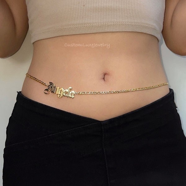 Custom Name Belly Waist Chain, 18K Personalized Figaro Chain , Double Layered Body Chain, Trendy Body Dangle Accessories 2024, Cute Jewelry