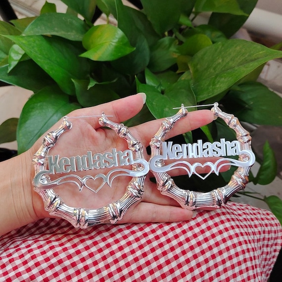 Personalized Hoop Name Earrings, Custom 40mm-100mm Bamboo Style