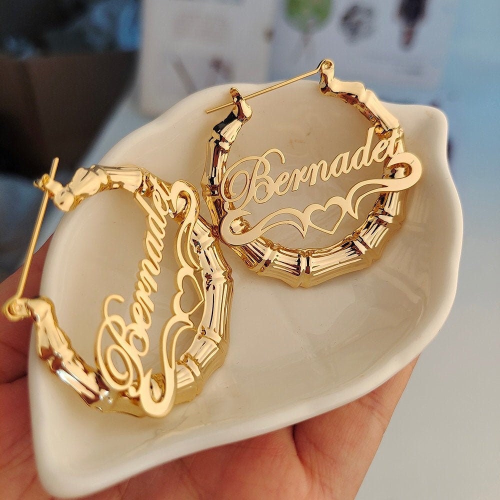 Personalized Hoop Name Earrings, Custom 40mm-100mm Bamboo Style