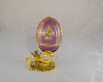 Russian Faberge Egg / Trinket Box, Lilac, Vintage, Swarovski Crystal Accent, Flower, Petals, Replica