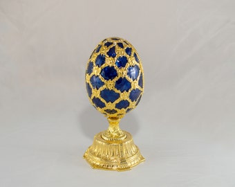 Russian Faberge Egg / Trinket Box, Blue, Vintage, Swarovski Crystal Accent, Coronation Egg Replica