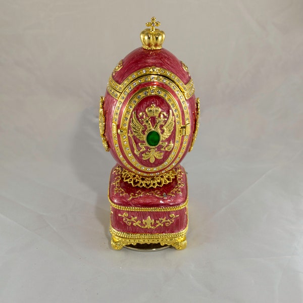 Russian Faberge Egg / Trinket Jewelry Box / Rotating Music Box, Deep Pink, Vintage,Swarovski Crystal Accent, Coat of Arms