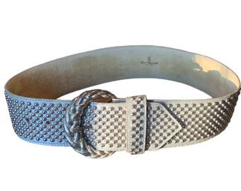 80s Studded White Waist Wide Belt Textured Metal Mini Studs by Sandcastle New York 22-28 Inch Waist Big Bold Braided Belt Buckle XS S