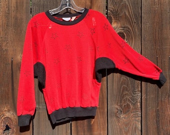 Vintage 80’s Star Print Color Block Sweatshirt Red w Black Panels & Elbow Patches by Upper Level Small XS S