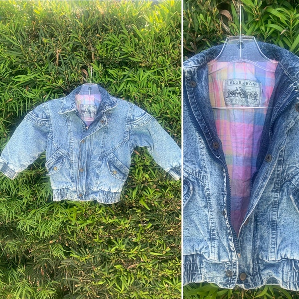 vintage années 80 années 90 Baby Acid Wash Bleu Jean Veste Plaid Doublure Toddler Denim Coton Enfants Enfant Manteau Grunge Petit