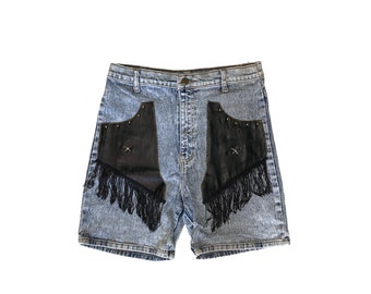 Vintage 80s Acid Wash Fringe Cowgirl High Waist Denim Shorts Studded Rodeo Star Made By The Best USA Faux Leather Panels Western Wear Small