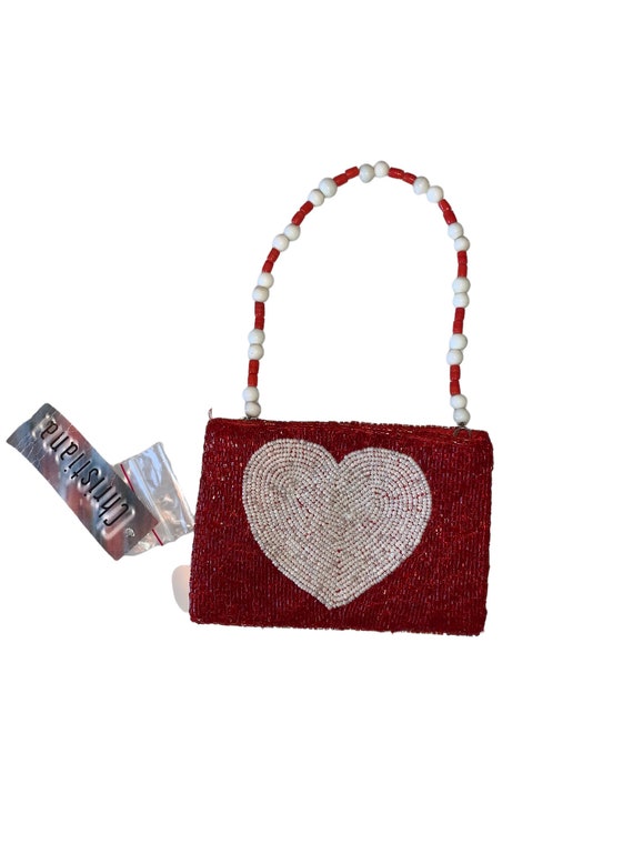 Vintage Y2K Mini Beaded Heart Purse Red and White 