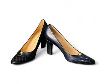 Vintage 80s Chanel Black Heels Leather Patent Quilted Toe w Gold Button Cap Toe Pumps 6.5 B