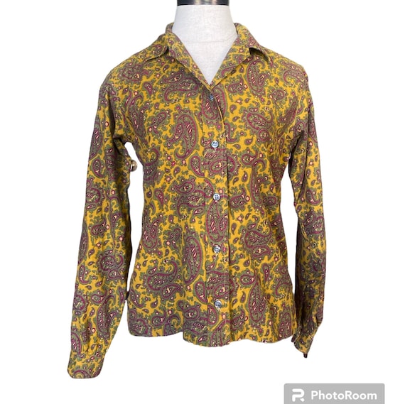 60s Mod Paisley Yellow Green Button Up Shirt - image 1
