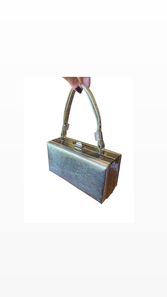 Silver Box Purse Vintage Handbag Top Handle Shiny 