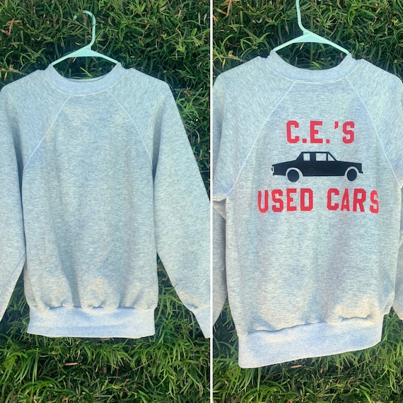 Vintage 70’s Flocked Car Sweatshirt Gray Used Car… - image 1