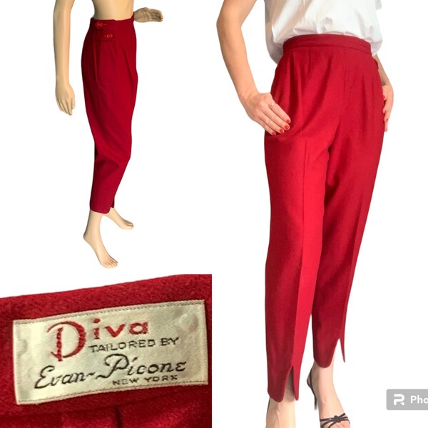 1950s Cranberry Red Pedal Pushers High Waist Capris Slouchy Pleated Slacks Cigarette Pants Diva by Tailored by Evan Picone XS