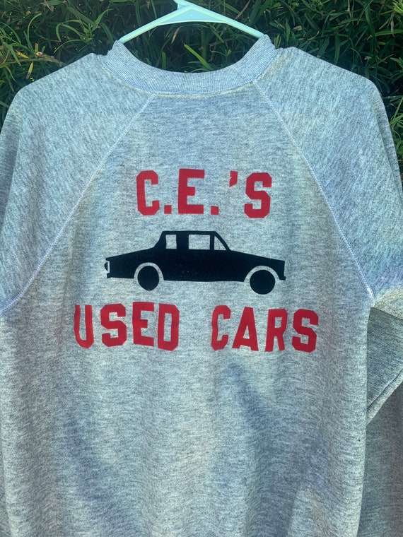 Vintage 70’s Flocked Car Sweatshirt Gray Used Car… - image 5