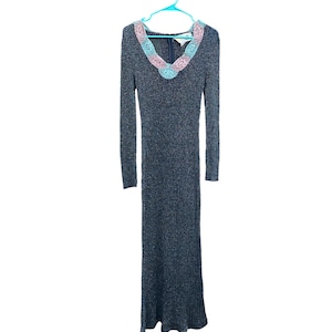 Vintage 70s Lurex Maxi Dress Pink and Blue Metallic Sparkle Long Sleeve Dress Black Made in Hong Kong Wenjilli Brand XS Small