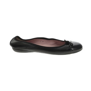 May include: Black leather ballet flats with a small bow detail on the toe.