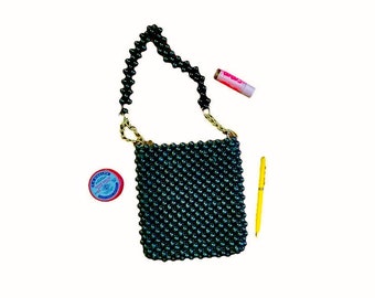 Vintage 60s bolso de cuentas negro hecho en Japón bolso pequeño mini bolso con cuentas Mod Pop Op Art