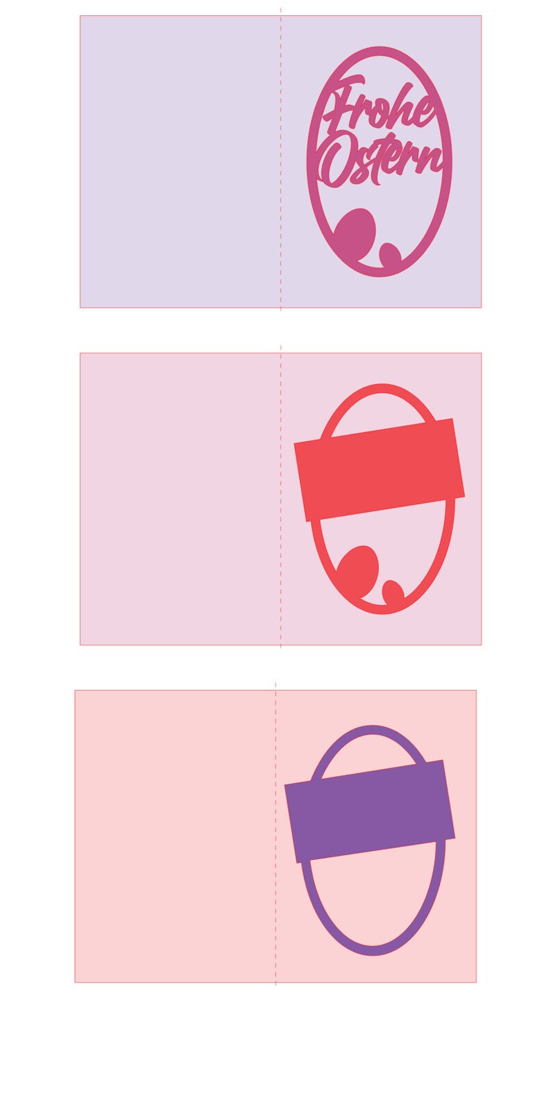 Pu&ograve; includere: Tre modelli di biglietti di Pasqua con un design a forma di uovo rosa, rosso e viola. La carta superiore ha il testo "Frohe Ostern" all'interno del design dell'uovo. La carta centrale ha uno spazio vuoto all'interno del design dell'uovo. La carta inferiore ha uno spazio vuoto all'interno del design dell'uovo.