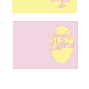 Pu&ograve; includere: Un biglietto giallo con una forma di uovo rosa con il testo "Frohe Ostern" in giallo.