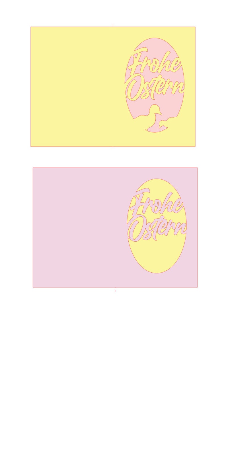Pu&ograve; includere: Un biglietto giallo con una forma di uovo rosa con il testo "Frohe Ostern" in giallo.