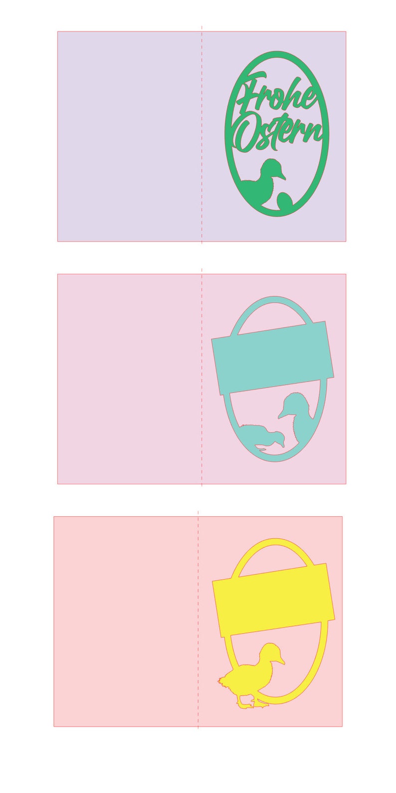 Pu&ograve; includere: Tre diversi design di biglietti di Pasqua. Il primo biglietto ha una forma ovale verde con il testo "Frohe Ostern" e un uccello all'interno. Il secondo biglietto ha una forma ovale blu chiaro con un uccello all'interno. Il terzo biglietto ha una forma ovale gialla con un uccello all'interno.