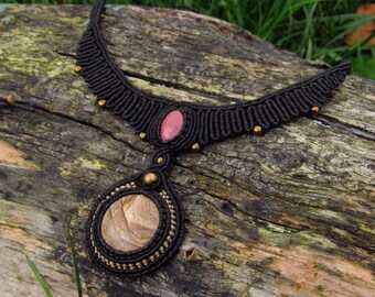 Picture Jasper and Rhodonite Healing Stones Macrame Necklace