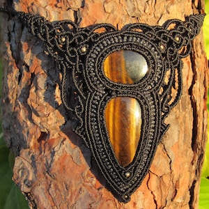 Dark Goddess Handmade Tiger&#39;s Eye Gemstone Macrame Statement Necklace