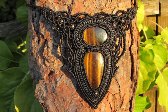 Dark Goddess Handmade Tiger's Eye Gemstone Macrame Statement Necklace
