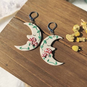 Crescent Moon Mushroom Dangles | Polymer Clay Cottagecore Lunar Earrings | Neutral Beige Moon with Vines and Mushrooms | Witchy Boho Moons