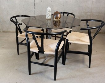 MID Century Italian Glass Hexagonal Table In Style Of Giotto Stoppino with 4 Wishbone papercord chairs