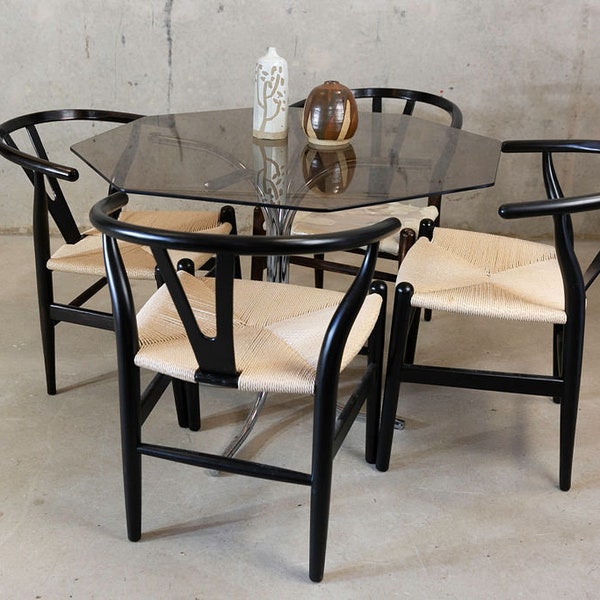 MID Century Italian Glass Hexagonal Table In Style Of Giotto Stoppino with 4 Wishbone papercord chairs