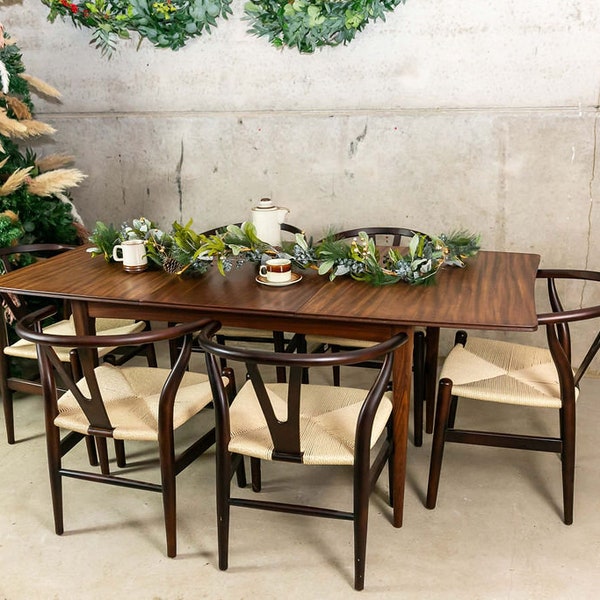 Mid Century Rosewood Table Paired with Wishbone Style Dining Chairs With Papercord Seats