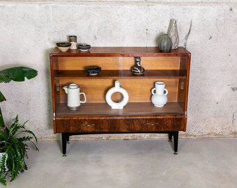 Mid Century Glazed Display Cabinet With Walnut Veneered Drawers