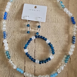 Blue and silver lotus flower necklace, bracelet, earrings set. Glass beads, blue glass, blue glass earrings, bracelet, earrings.