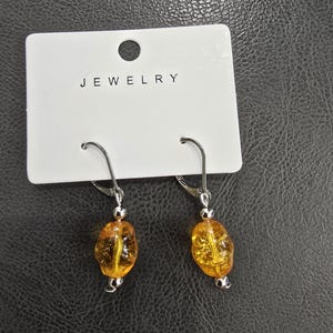 Amber dangle earrings, earrings, amber glass earrings, amber, amber earrings, pierced ears, pierced, small, tiny, petite, silver  accents.