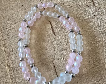 Handmade Pink Glass Beaded Necklace with Stainless Steel Accents