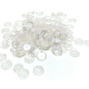 May include: A pile of clear iridescent sequins, scattered on a white background. The sequins are round and have a slightly raised center.