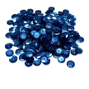 May include: A pile of dark blue sequins, scattered on a white background. The sequins are round and have a slightly iridescent finish.