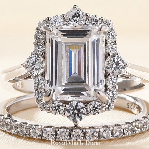 Emerald Cut Vintage Moissanite Halo Engagement Ring Set Halo - Etsy