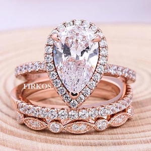 2.3CTW Halo Pear moissanite engagement ring set,Art deco Half eternity Diamond Band vintage Rose gold Halo Wedding Ring Set anniversary gift