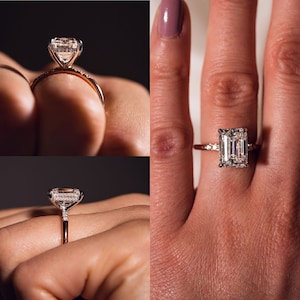 5,3 karat smaragdslipad moissanit förlovningsring / moissanitring / förlängd smaragdslipad moissanitring / solitärring i massivt guld