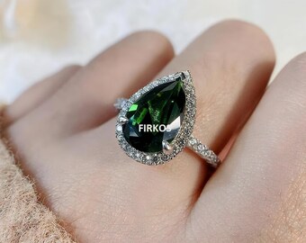 Art Deco Engagement Ring 2CT Pear Cut Lab Created Emerald Wedding Ring Halo Promise Ring Vintage Anniversary Ring 14K White Gold Rings