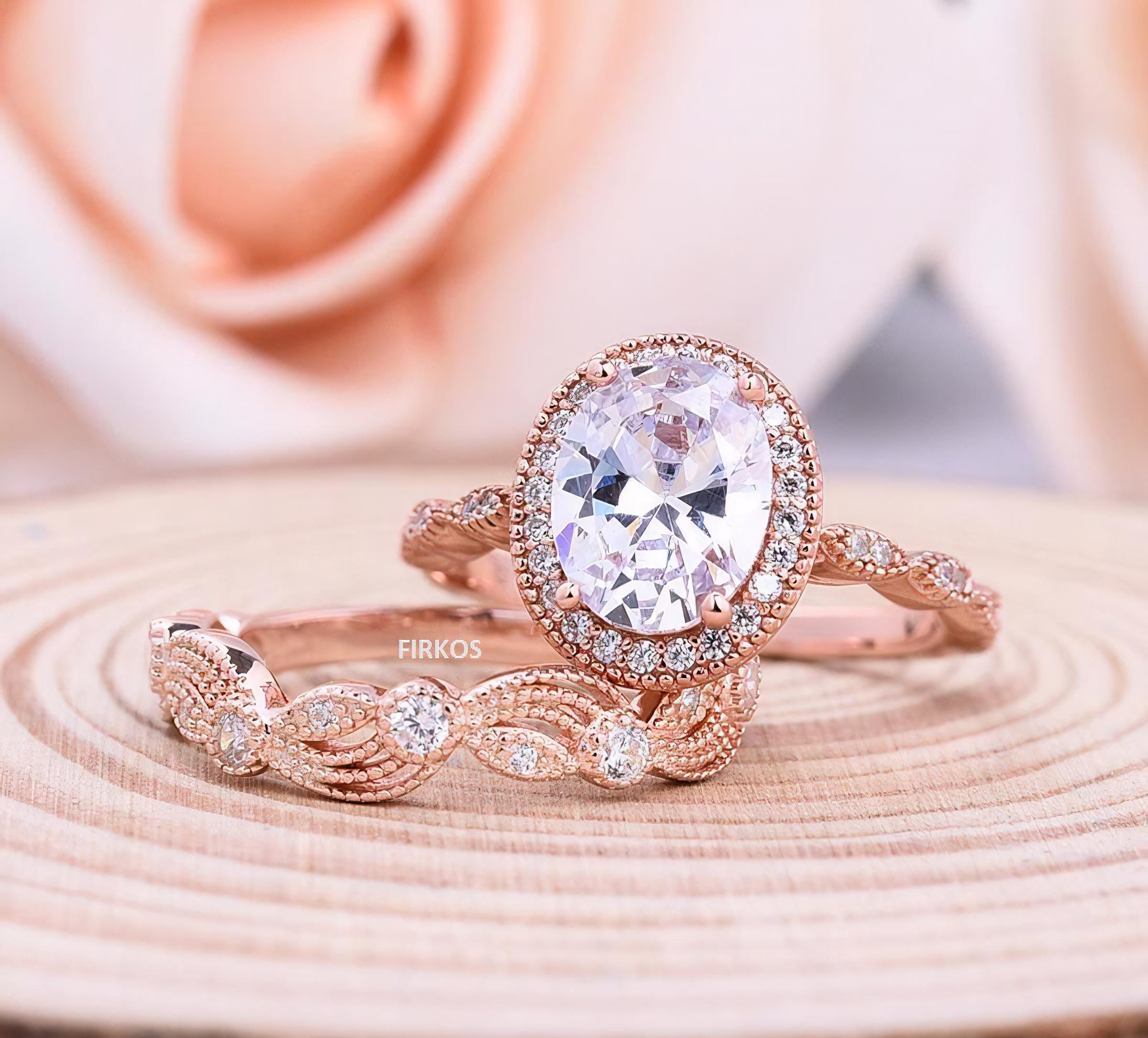 Forever One Oval Halo Moissanite Diamond Engagement Ring Set - Etsy